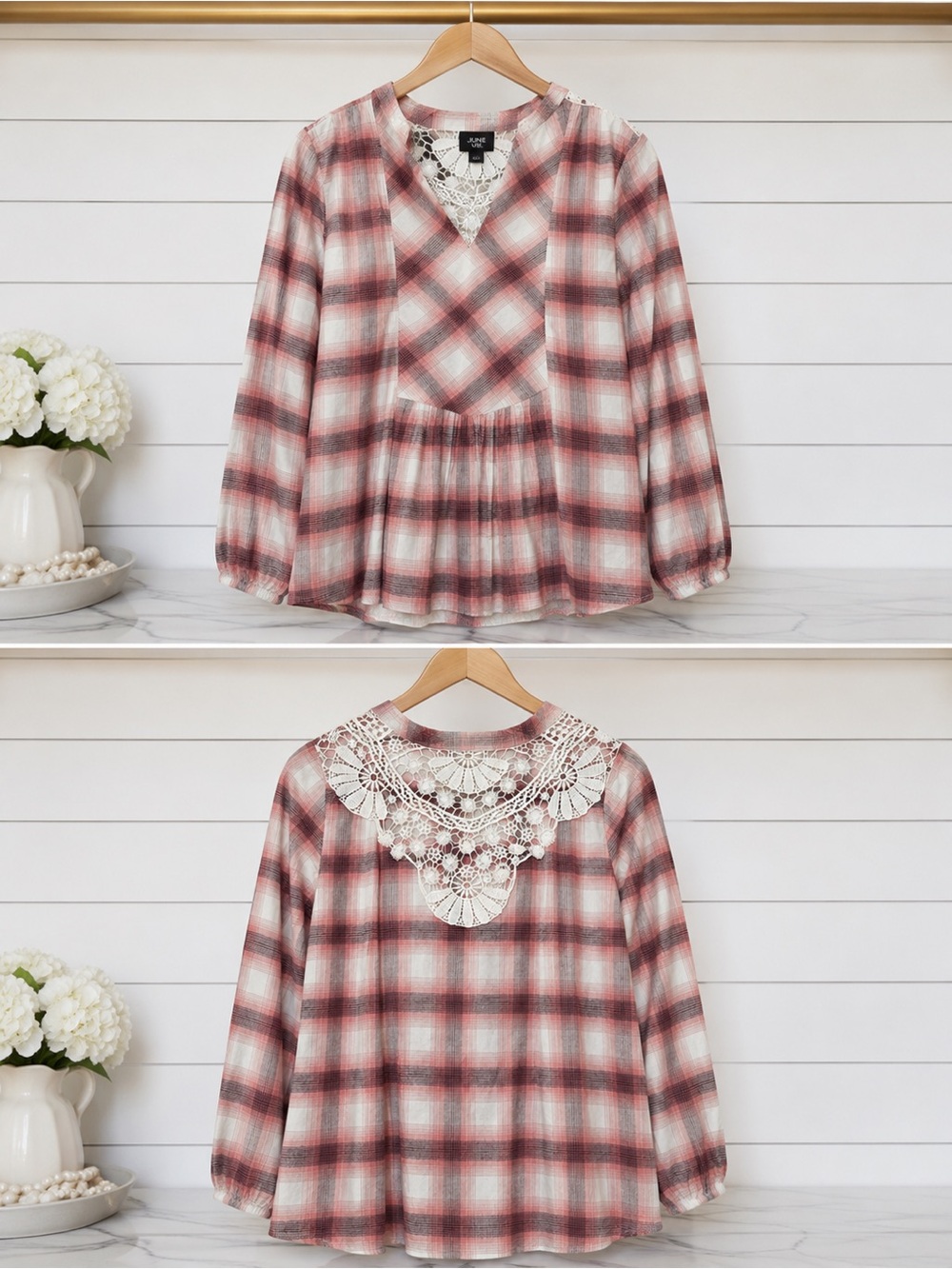 June + Vie Pink Plaid Boho Peasant Blouse | NWT | 100% Cotton | Sz 12W